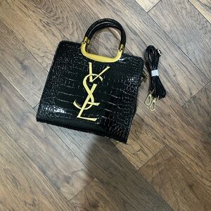 Yves Saint Laurent Black Croc-Embossed Satchel with Gold Accents DUPE
